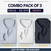 Combo Pack of 3 Men’s Formal Shirts – Stylish & Versatile Collection (Half & Full Sleeves, With/Without Pockets) (FS-79)